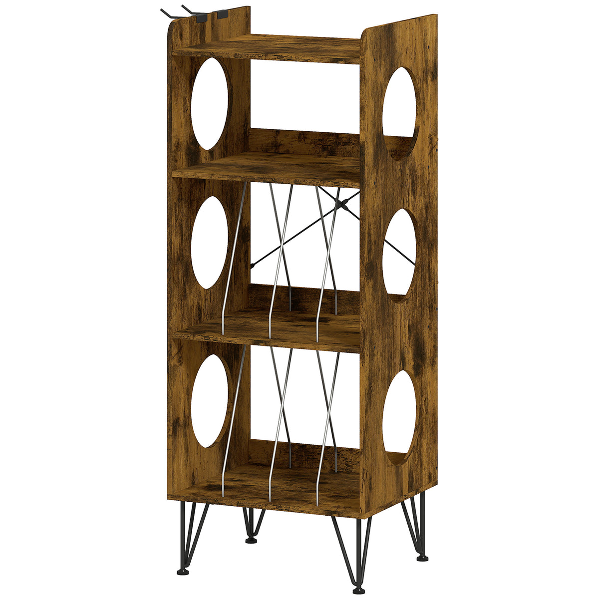 HOMCOM Record Player Stand Open Multi Compartment Media Shelf Home 2 Hooks Rustic Brown Default Title