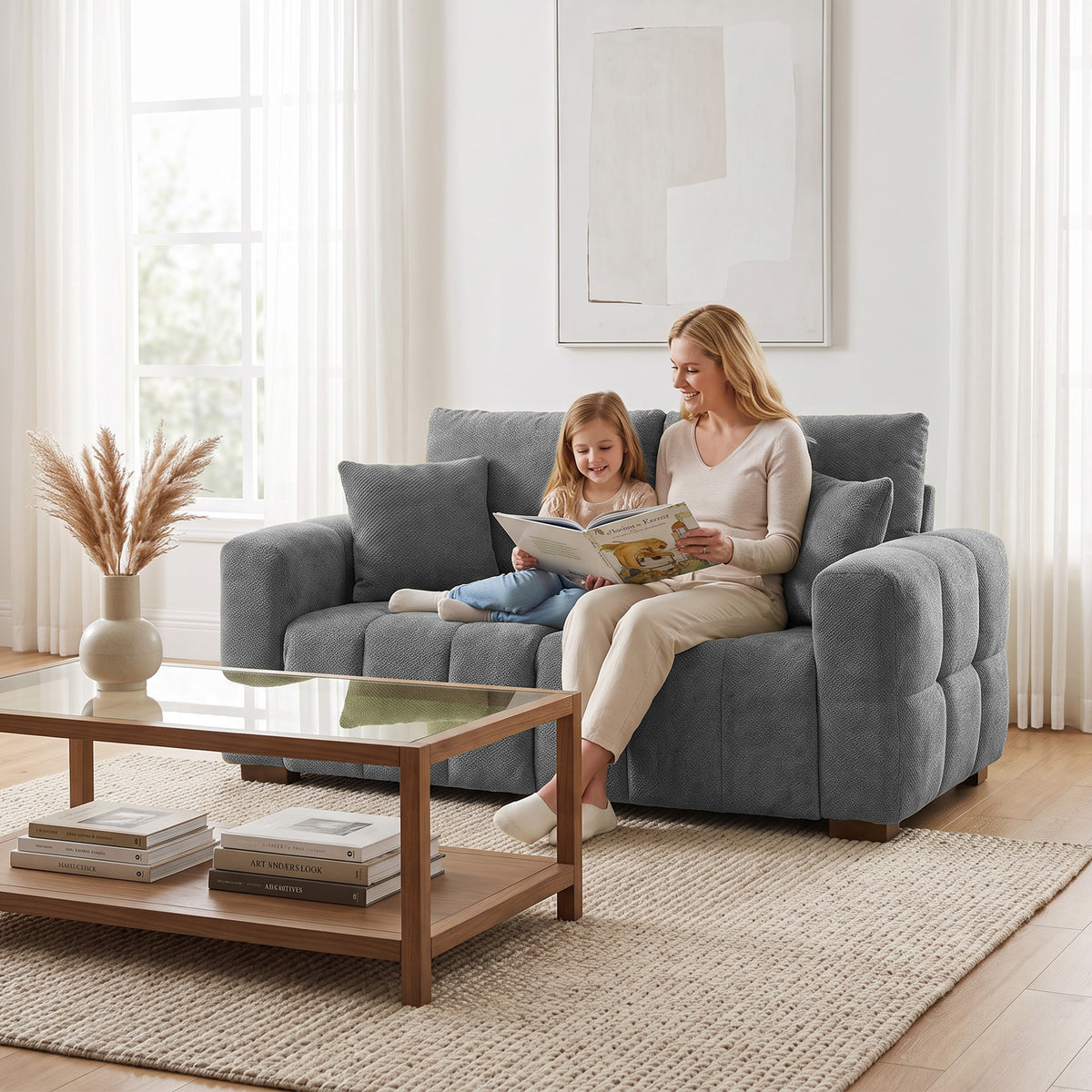 HOMCOM 2 Seater Sofa, Upholstered Velvet Small Couch for Bedroom with Pillows, Padded Cushion and Wood Legs, Grey