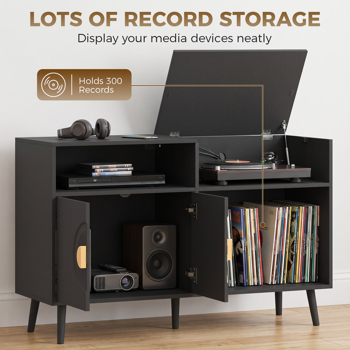 HOMCOM Record Player Stand, Vinyl Record Holder with Storage Holds Up to 300 Albums with Flip-Top Compartment, Black