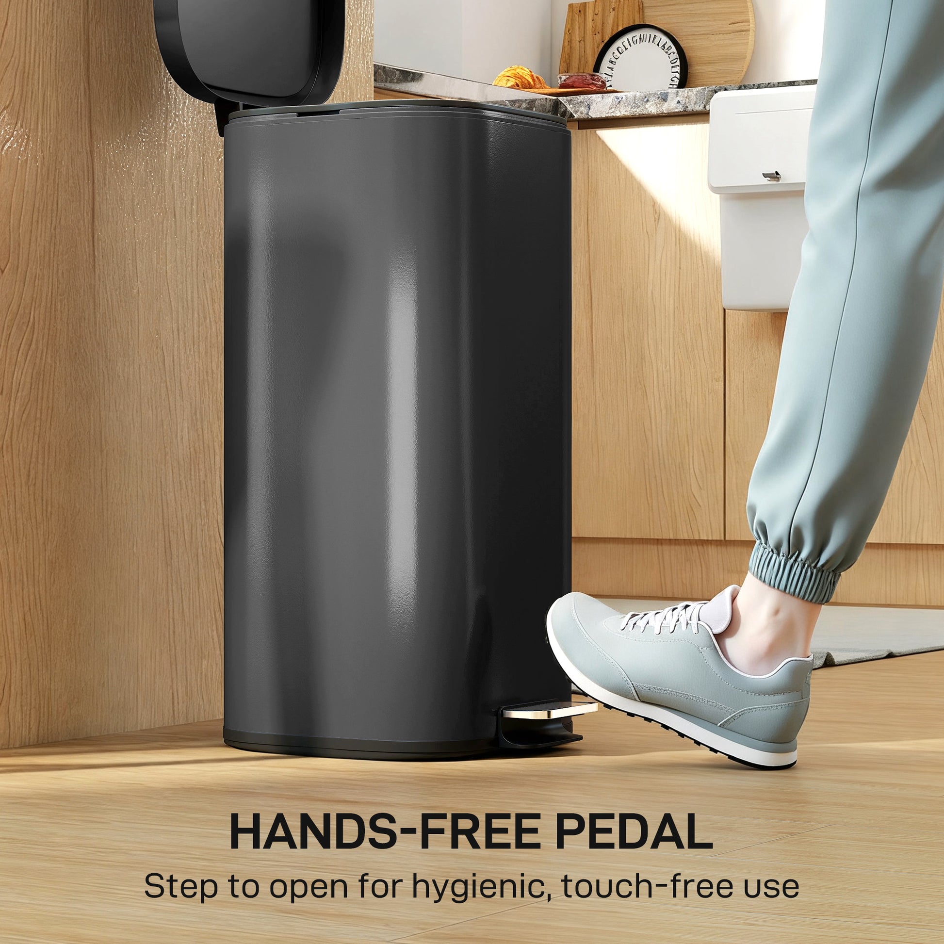 HOMCOM 30L Kitchen Bin, Compact Pedal Bin with Soft-Close and Stay-Open Lid, Removable Bucket for Kitchen, Home, Office, Black