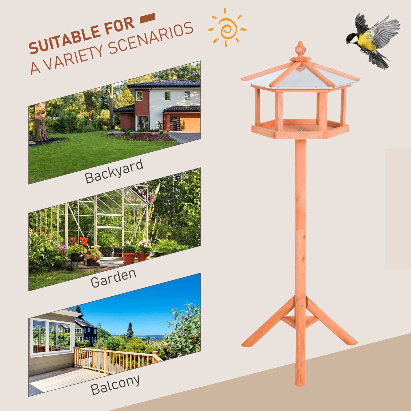 PawHut Wooden Bird Table Free Standing Feeder Garden Sheltered Feeding Station Parrot Stand Birdhouse Î¦40x113cm