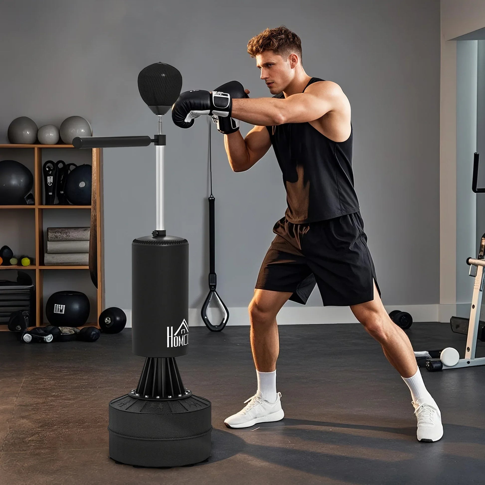 HOMCOM 155-205cm 3-IN-1 Freestanding Boxing Punching Bag Stand, Boxing Speed Trainer with Rotating Flexible Arm, Speed Ball, Fillable Base, Black - LiamsBargains.co.uk