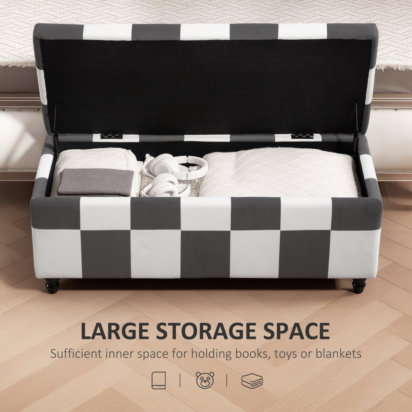HOMCOM Storage Ottoman, Storage Bench with Wood Legs, Footstool, Footrest with Velvet Surface for Bedroom, Hallway, Living Room, 114 x 47 x 47 cm, Dark Grey and White