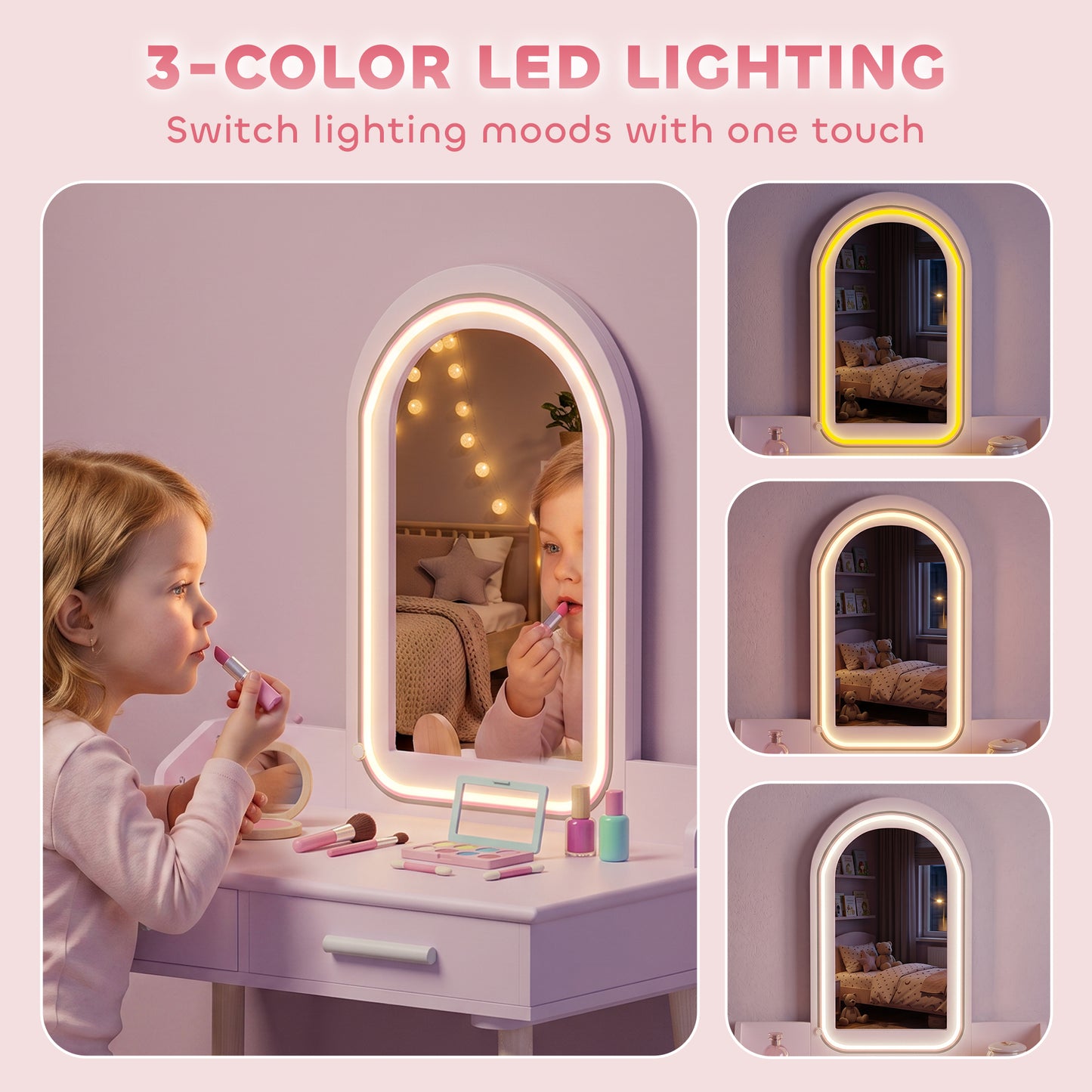 AIYAPLAY Kids Dressing Table, Girls Vanity Set with Stool, 3-Colour LED Lights Mirror, Large Drawer for Ages 3-8, Pink