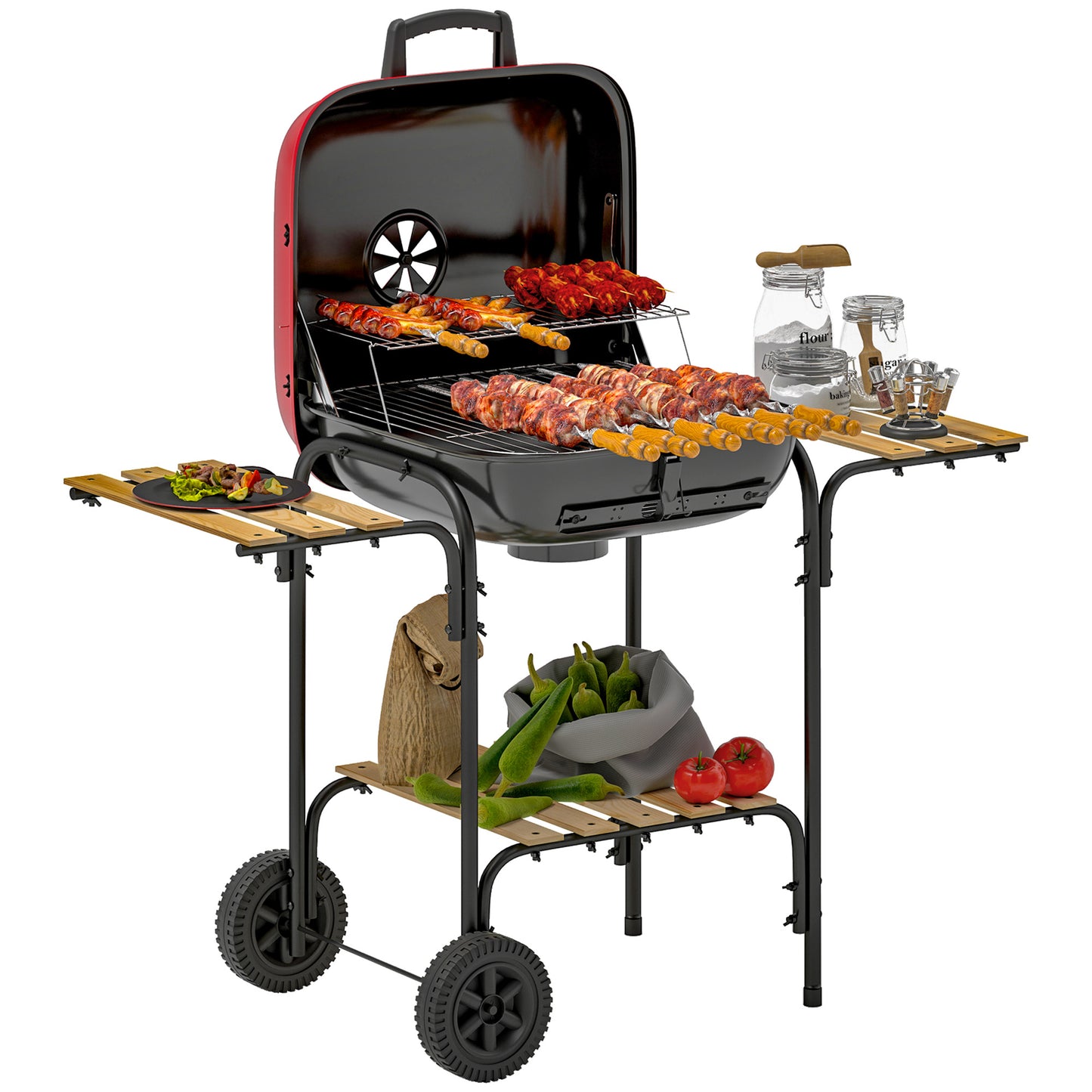 Outsunny Charcoal Barbecue Grill Portable BBQ Grill with 1840 cmÂ² Cooking Area, 3 Shelves, Adjustable Vent, Lockable Lid, Wheels for Outdoor Cooking, Garden Party, Red