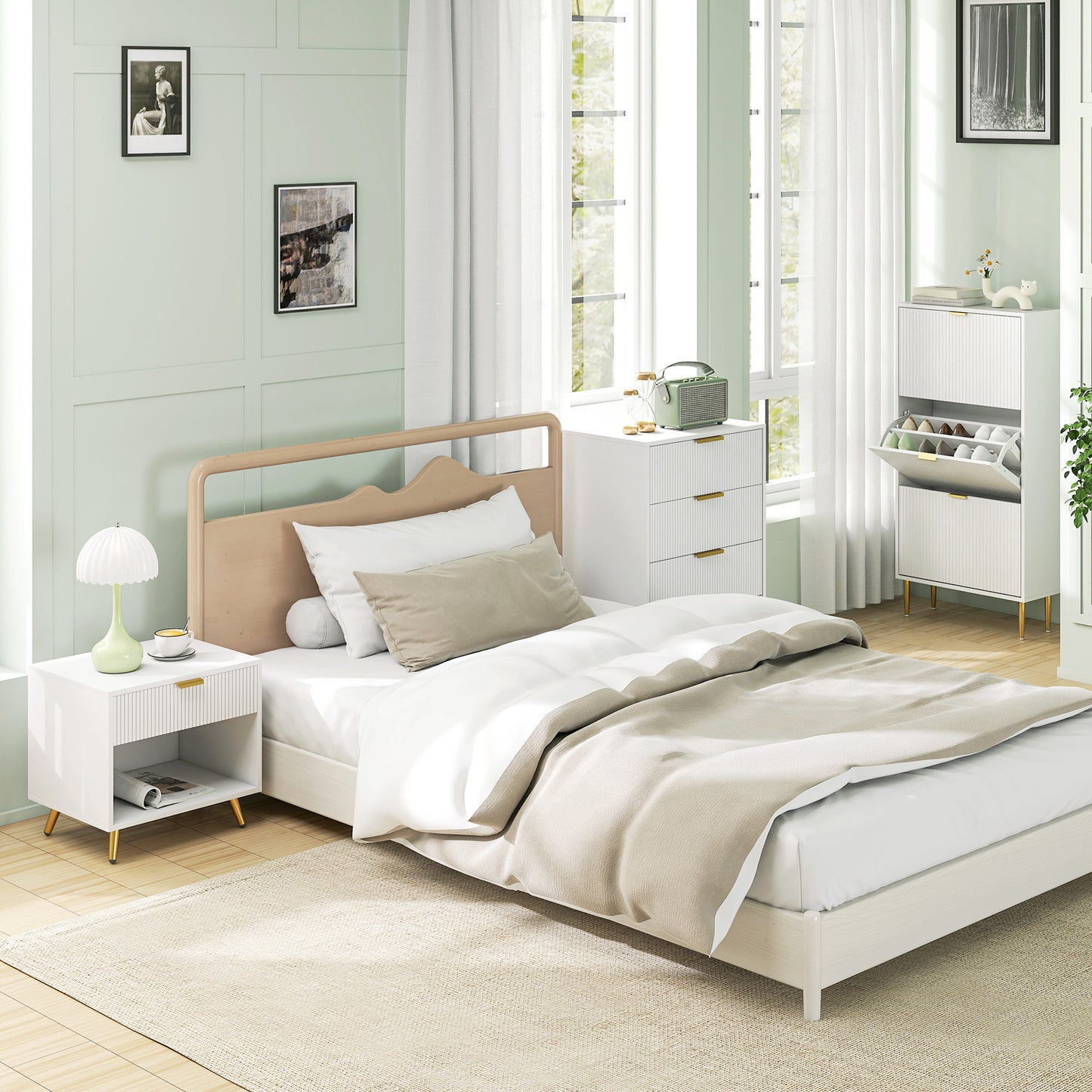HOMCOM Elegant Bedside Table, with Drawer and Shelf - White/Gold Tone