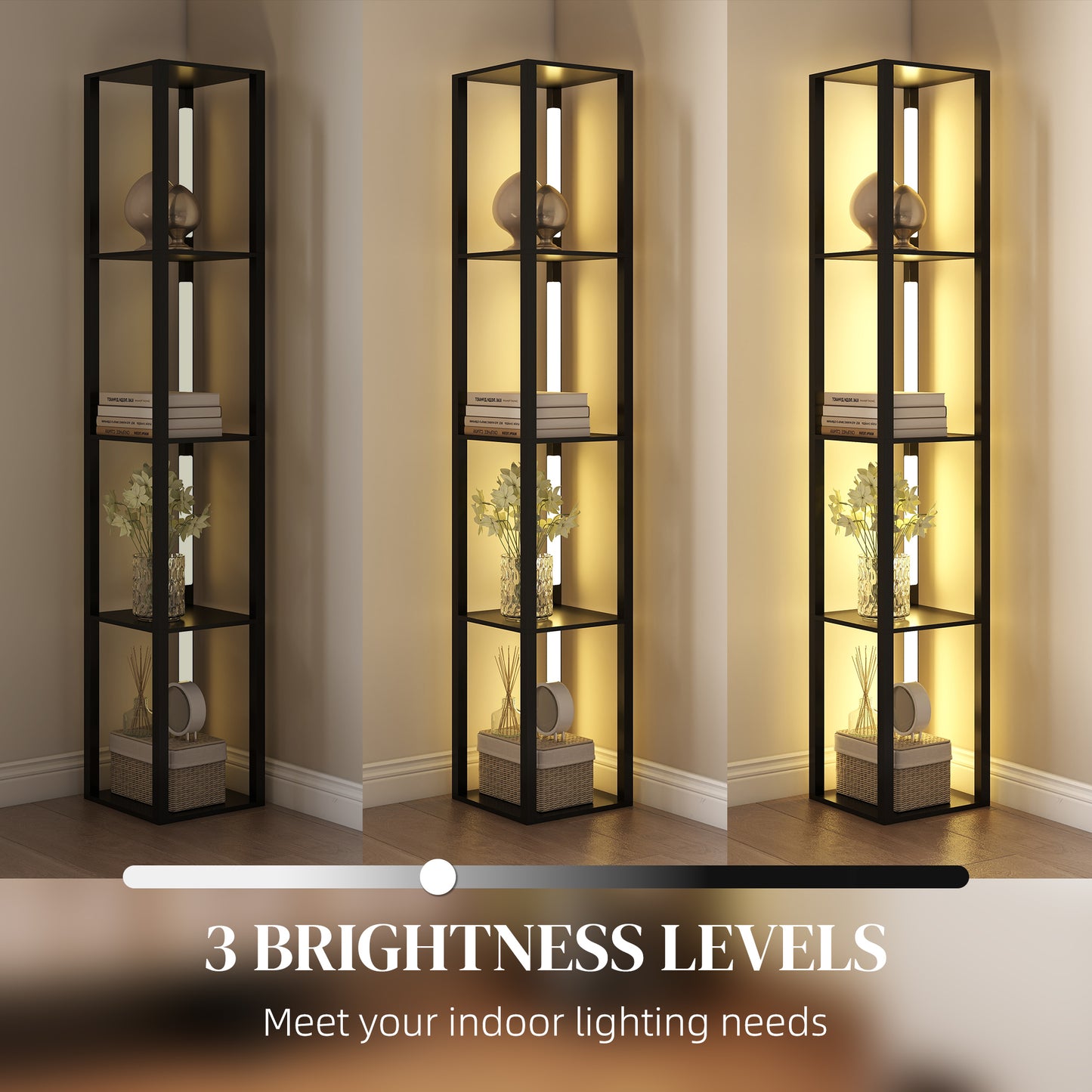 HOMCOM LED Floor Lamp with Shelves, Modern Dimmable Standing Lamp with 3 Brightness Levels and Foot Switch for Living Room, Bedroom, Office, Black