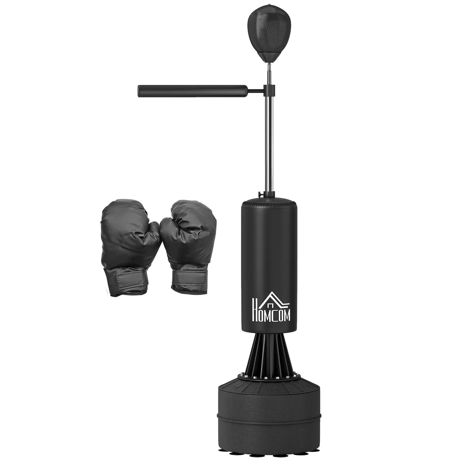 HOMCOM 155-205cm 3-IN-1 Freestanding Boxing Punching Bag Stand, Boxing Speed Trainer with Rotating Flexible Arm, Speed Ball, Fillable Base, Black - LiamsBargains.co.uk