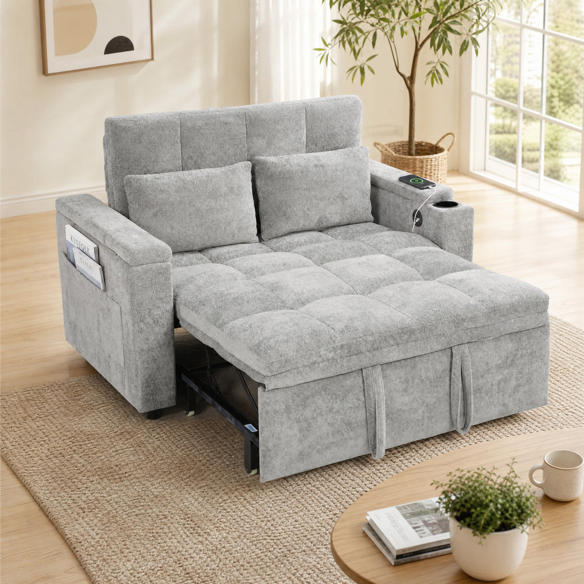 HOMCOM 2 Seater Sofa Bed, 3-in-1 Convertible Pull Out Sleeper Bed with Hidden Table, USB Port, Armrest Storage, Grey