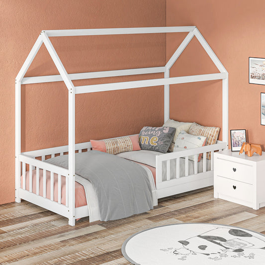 HOMCOM House-Shaped Kids Bed Frame with Safety Fence, Solid Pine Wood Single Bed Frame for Kids Boys and Girls
