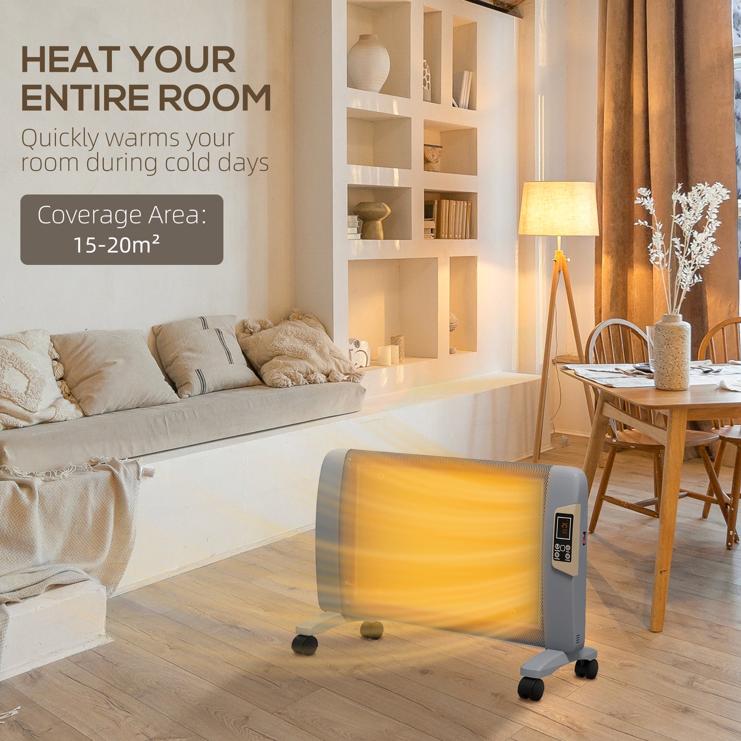 HOMCOM Mica Electric Space Heater, Portable Heater for Home with 2 Heat Settings, Living Room, Study, Garage, Adjustable Temperature 18-30Â°C, 1000W/2000W, Grey