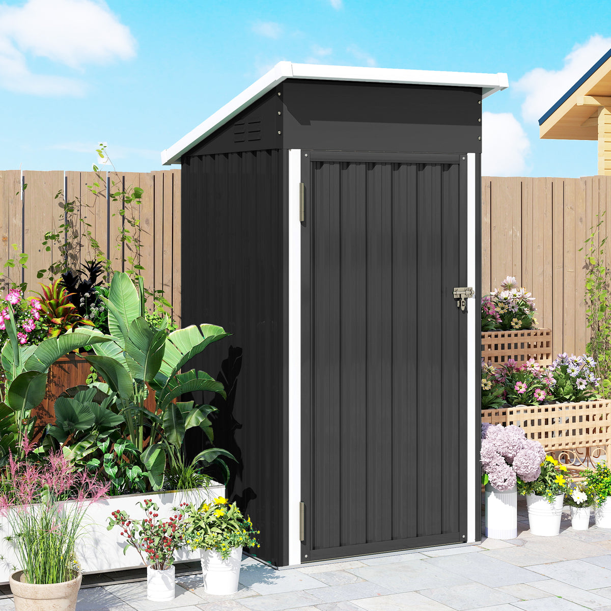 Outsunny 3.5 x 3 ft Outdoor Storage Shed with Sloping Roof, Lockable Door, 2 Vents and Gloves for Garden, Dark Grey
