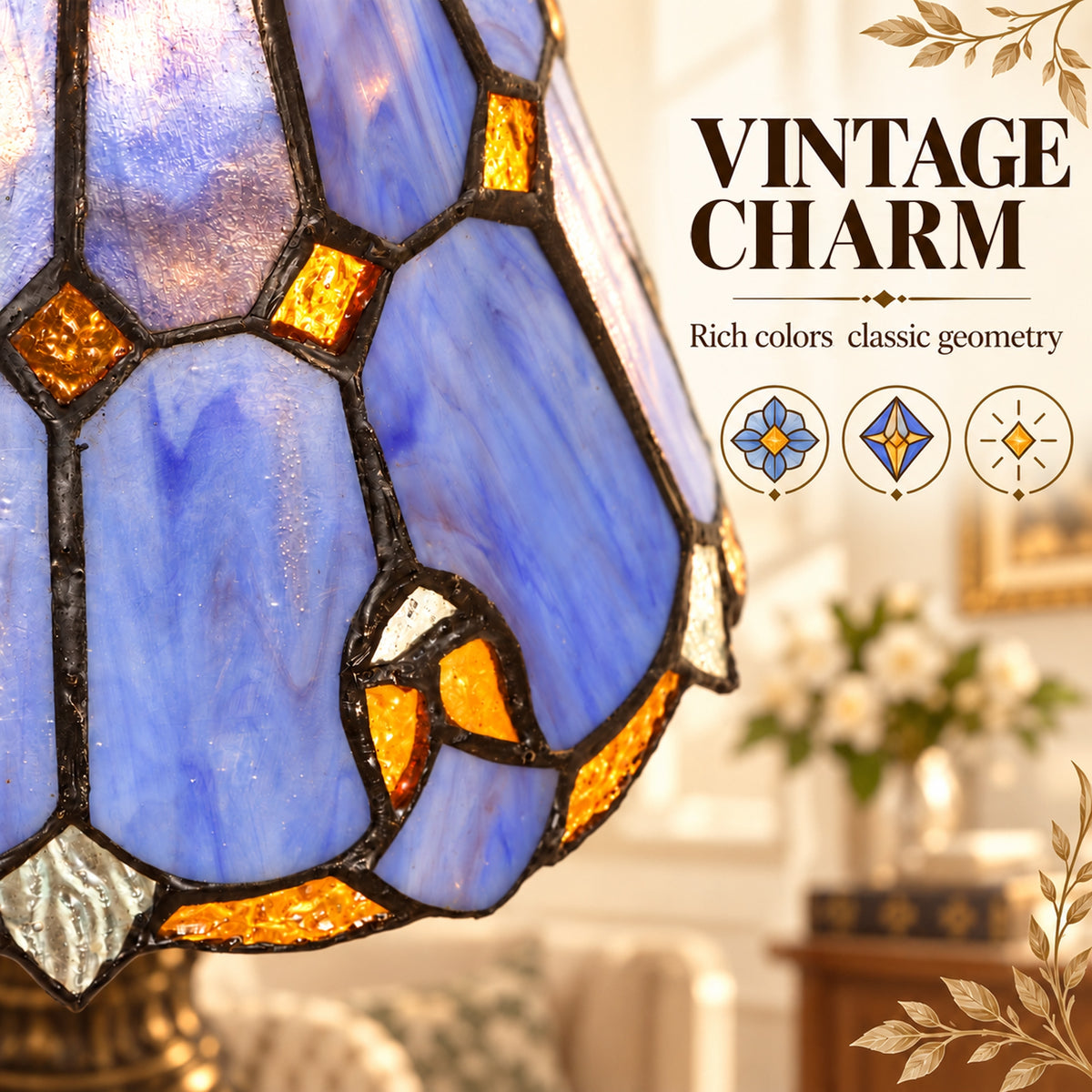 HOMCOM Tiffany-Style Table Lamp with Geometric Patterns, Handcrafted Antique Stained Glass Bedside Lamp, E27 Socket, Blue