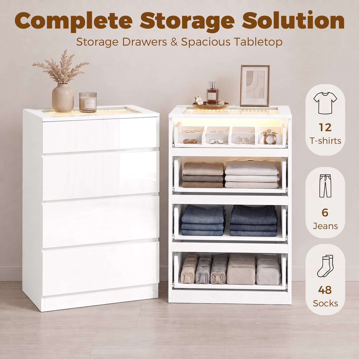 HOMCOM High Gloss 4 Drawer Chest of Drawers with Glass Top and RGB LED Lights, Dresser with Jewelry Organizer, APP Control