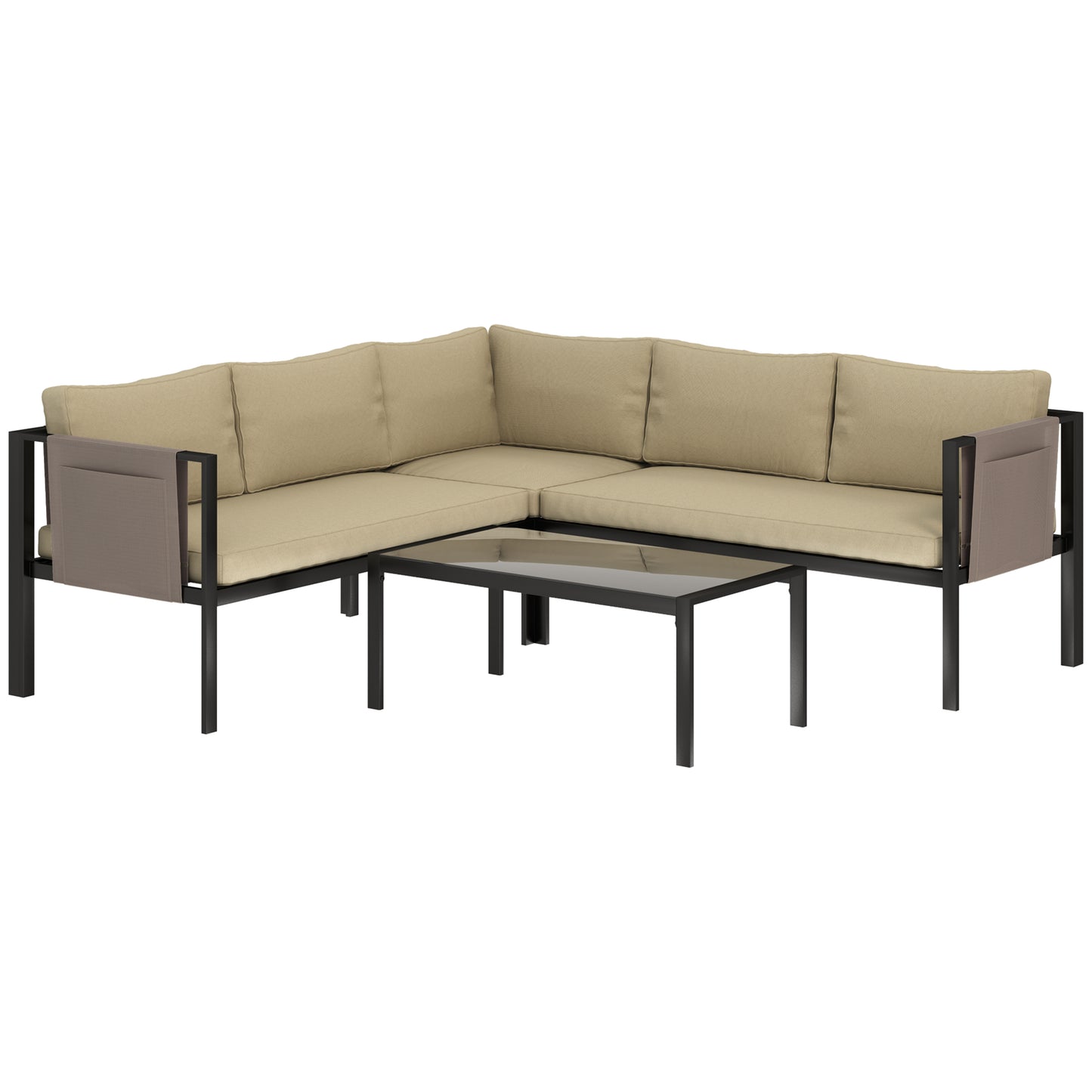 Outsunny 5 Seater Garden Corner Sofa Set, 4 Pieces Metal Garden Furniture Set with Loveseats, Glass Top Coffee Table, Breathable Mesh Pocket, Outdoor Conversation Furniture with Cushions, Khaki