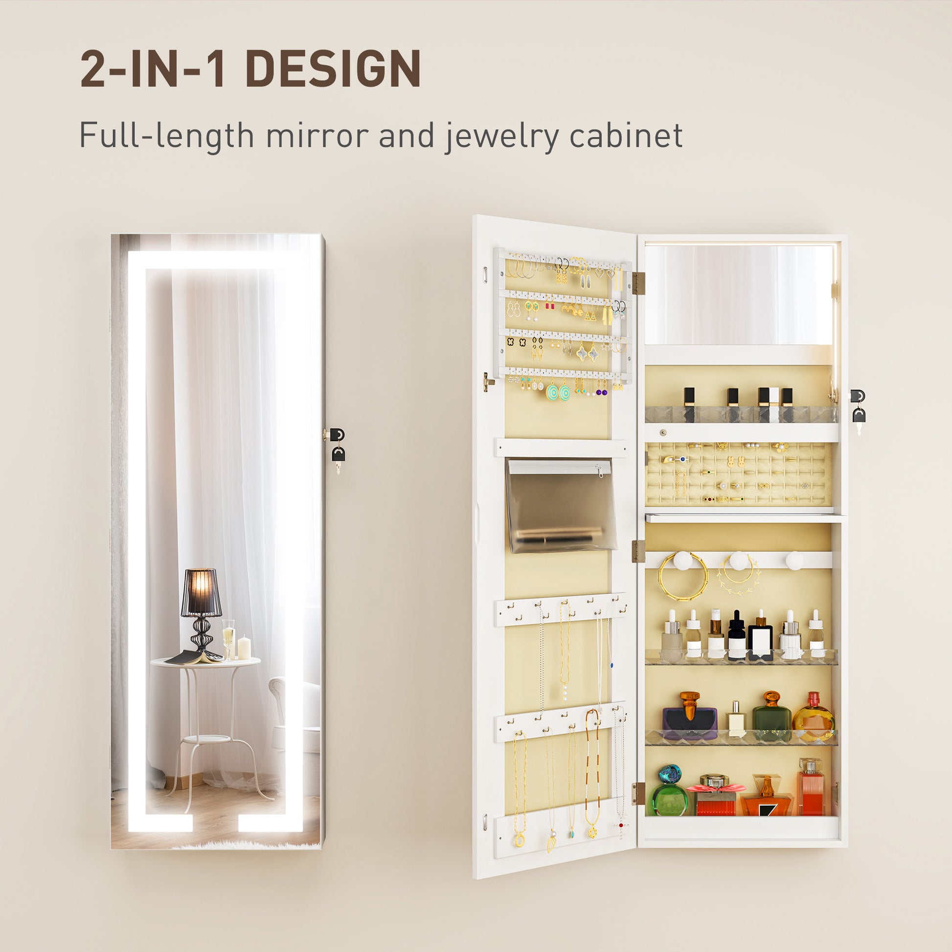 HOMCOM LED Mirror Jewellery Cabinet, Wall Mounted Full Length Mirror with Storage, Lockable Jewellery Organiser, White