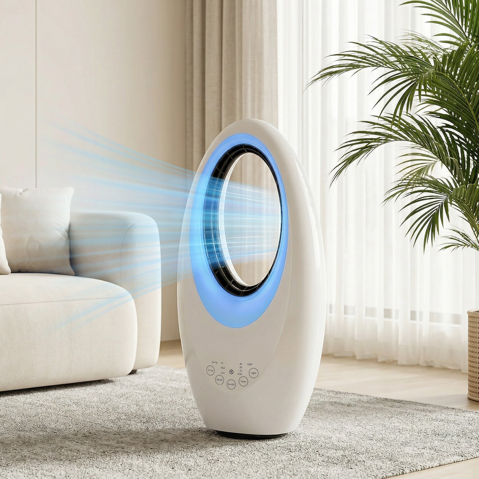 HOMCOM Bladeless Tower Fan, 36dB Standing Cooling Fan with 60Â° Oscillating, LED Lights, 3 Speeds, 7.5H Timer, Remote Control