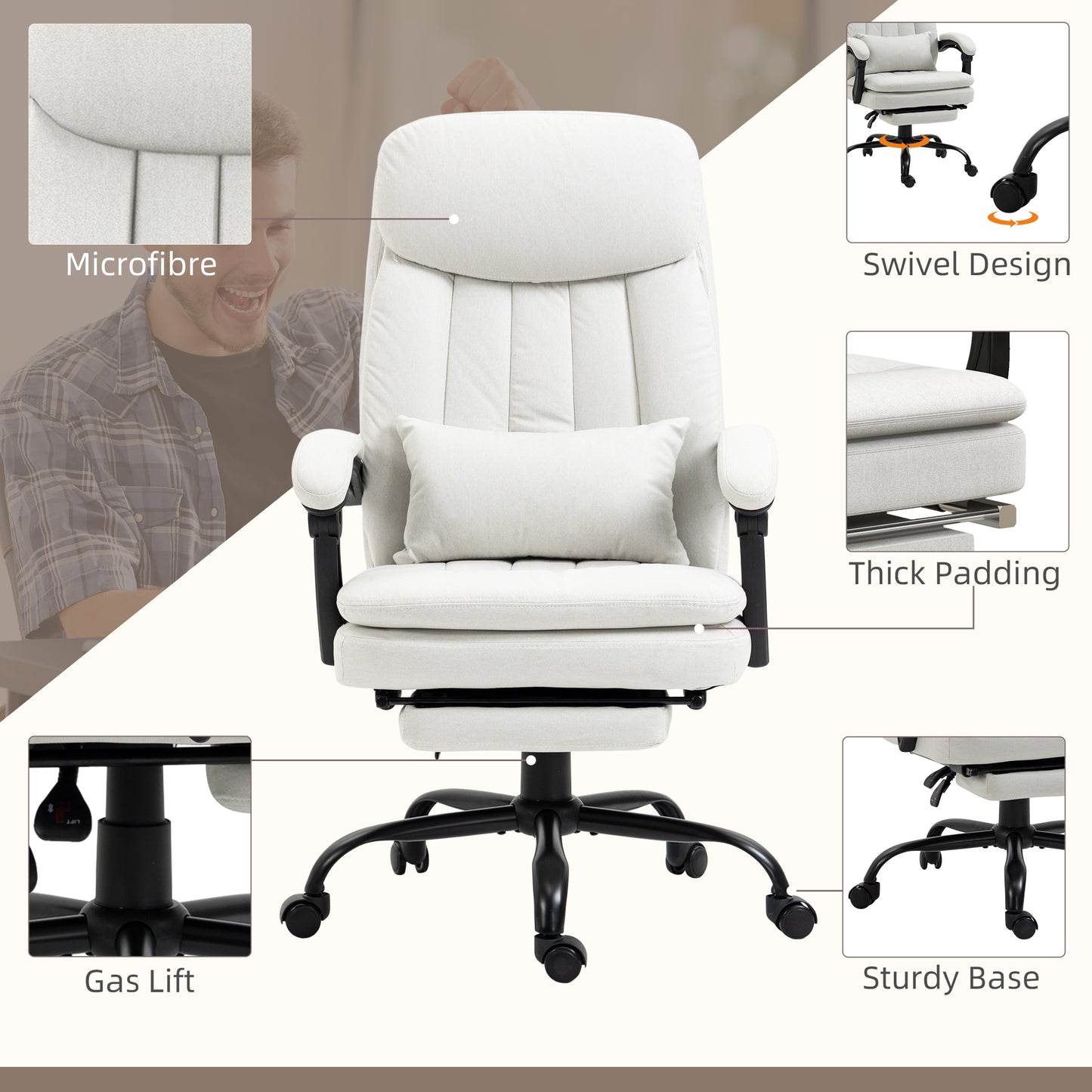Vinsetto Office Chair, Ergonomic Desk Chair with 6-Point Vibration Massage and Lumbar Heating, Computer Chair with Lumbar Support Pillow, 155Â° Reclining Back and Footrest, Cream White