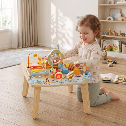 AIYAPLAY Wooden Baby Activity Table, 6 In 1 Montessori Learning Table with Bead Maze, Shape Sorter and Xylophone for 18M-3Y