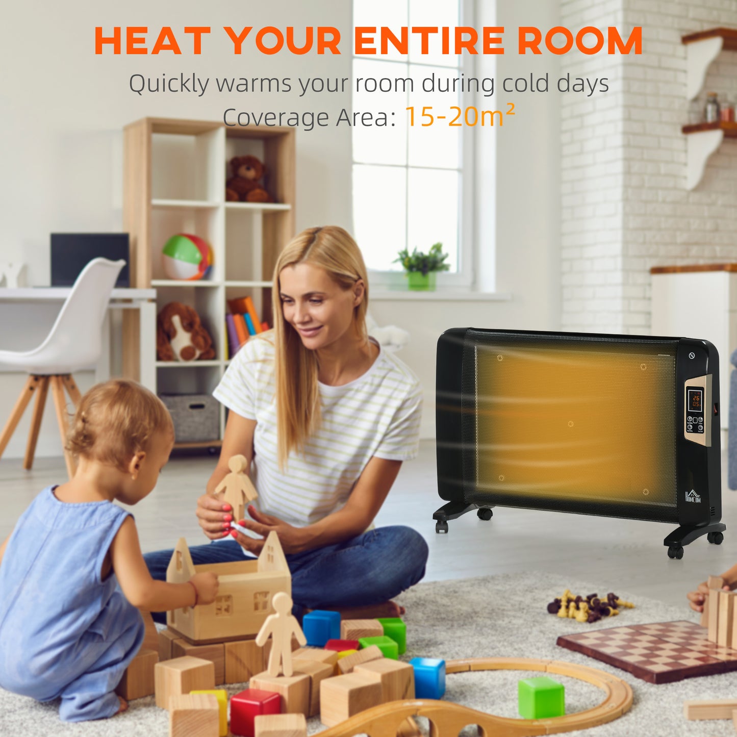 HOMCOM Mica Electric Space Heater, Portable Heater for Home with 2 Heat Settings, Living Room, Study, Garage, Adjustable Temperature 18-30Â°C, 1000W/2000W, Black