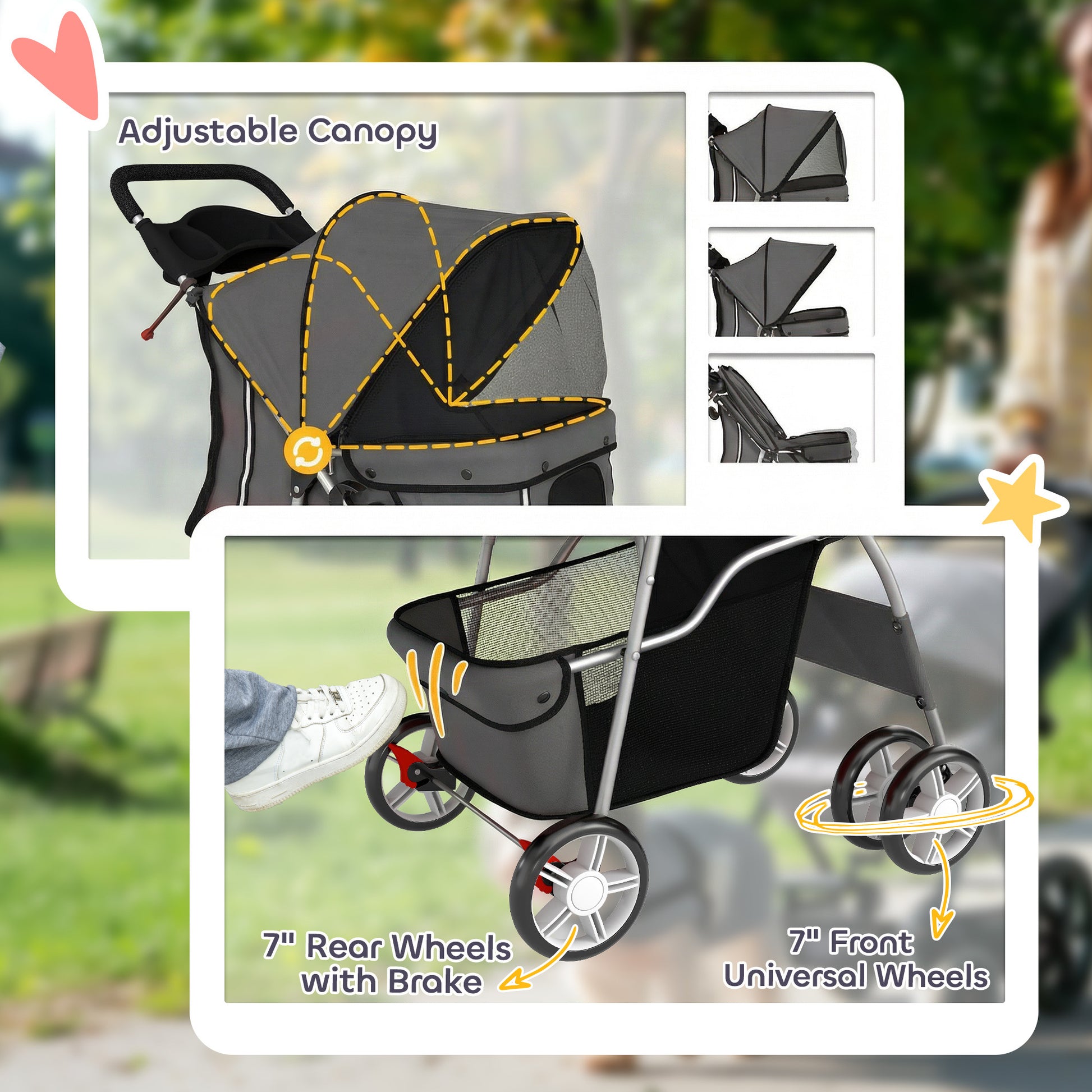PawHut Dog Pram, Pet Stroller with Reflective Strips, Foldable Cat Stroller with 360Â° Swivel Wheels, Dark Grey