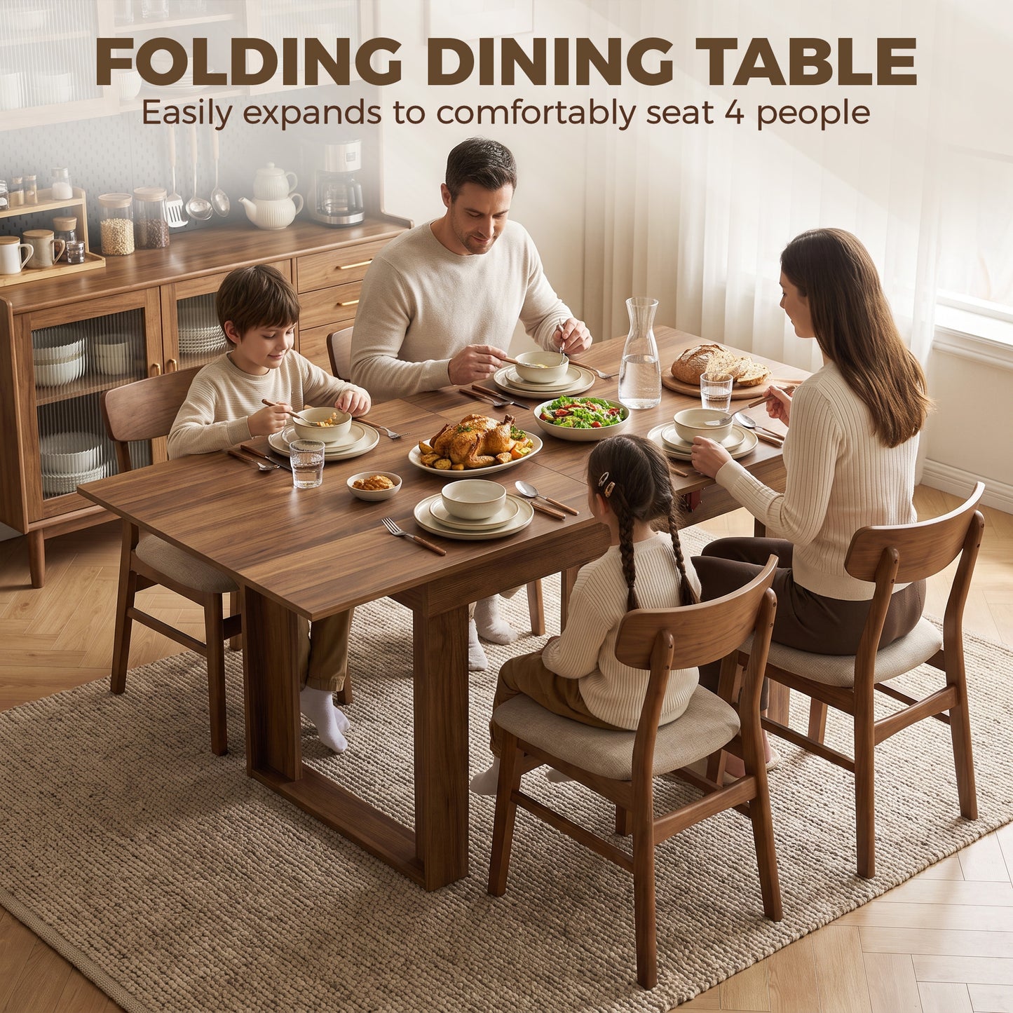 HOMCOM Folding Dining Table Under-Table Storage Extendable Kitchen Table Steel Rail Grey Wood Effect