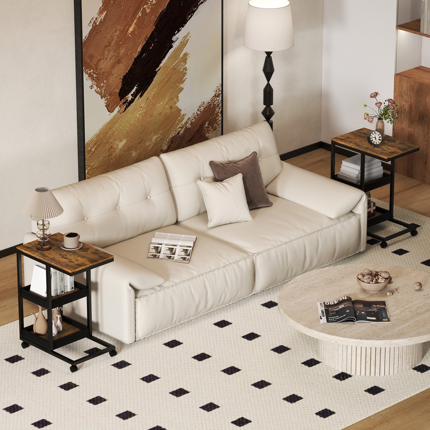 HOMCOM Mobile Sofa Side Table Set of 2, Industrial C-Shaped Rolling Table with 3-Tier Storage Shelving, Four Lockable Wheels Steel Frame, Dark Brown