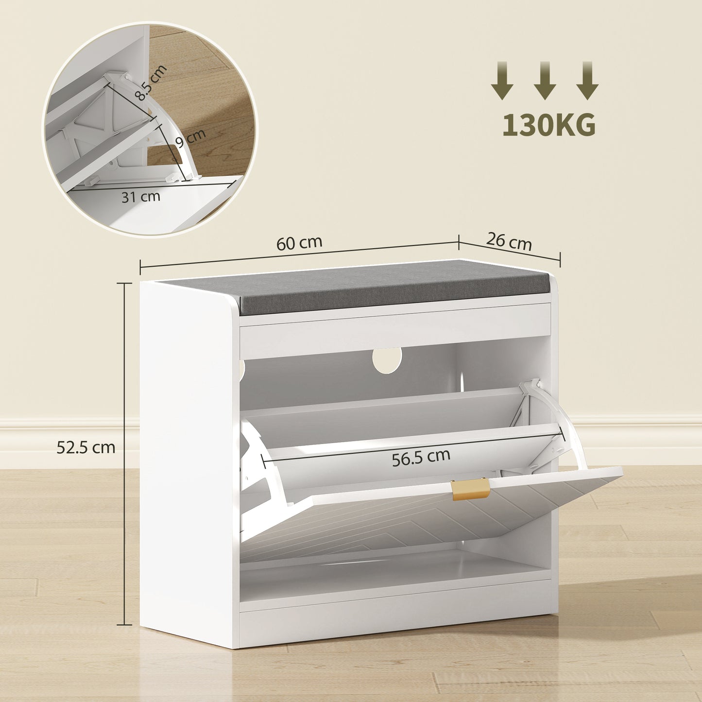 HOMCOM Shoe Storage with Seat, Upholstered Entryway Bench, Shoe Bench with 1 Flip Drawer and 4 Vents for 5 Pairs of Shoes