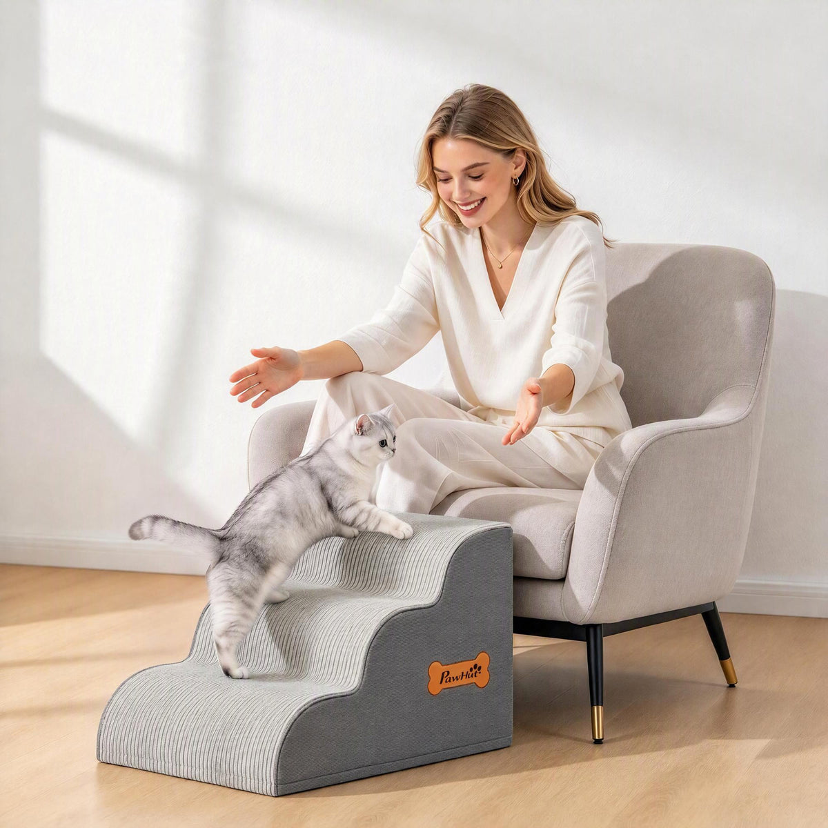 PawHut Dog Steps for Bed and Sofa, 3-Step Non-Slip Dog Stairs with Removable Washable Cover, Carry Handle, Light Grey