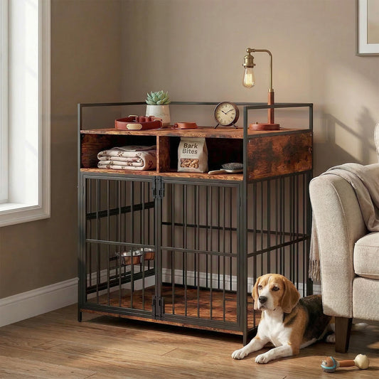 PawHut Dog Crate Furniture, Dog Cage with Rotatable Feeding Station and Storage Shelves, End Side Table Indoor Pet Kenne