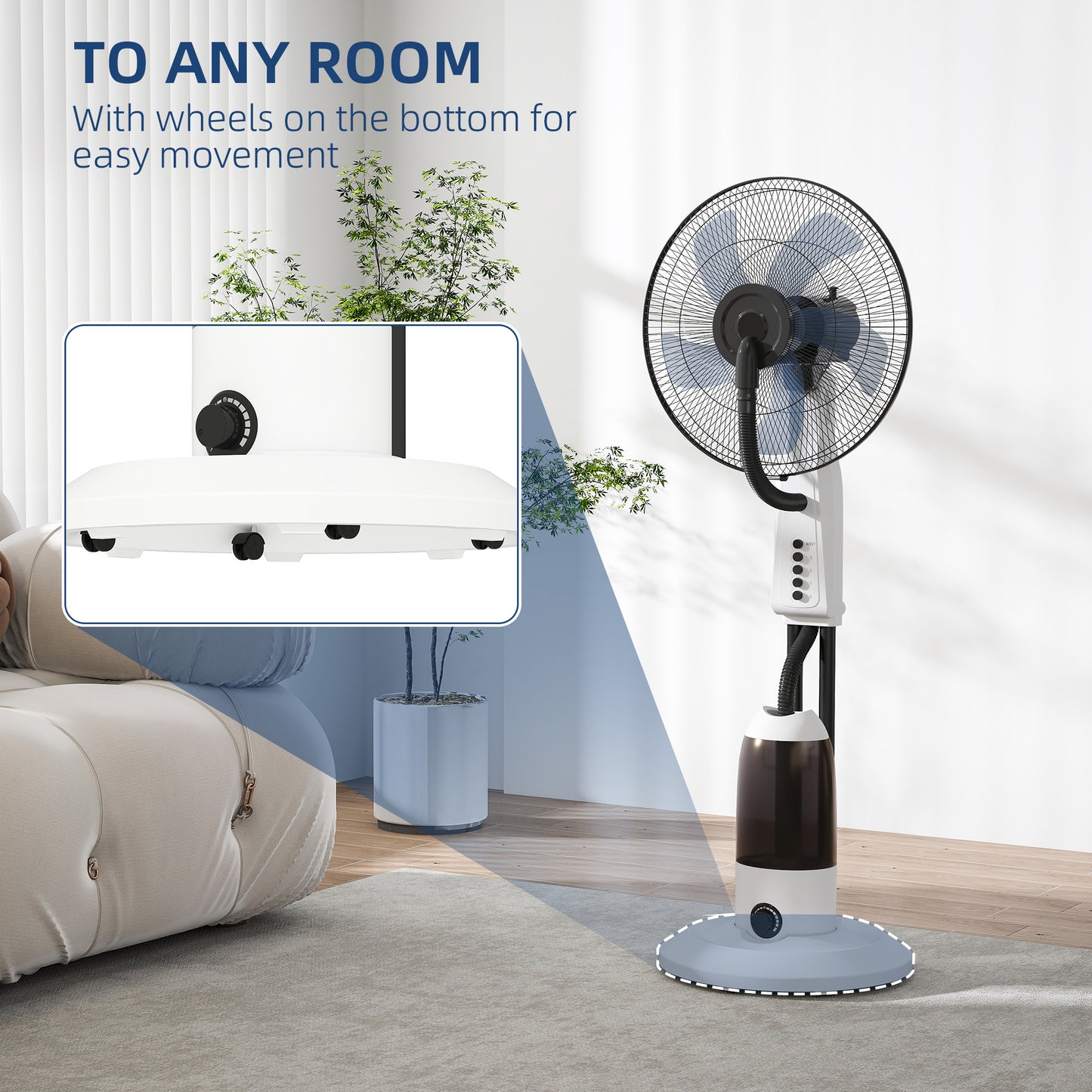 HOMCOM Spray Misting Fan, Floor Fan with Water Mist Spray, 70Â° Oscillation, Tilt Head, 3 Speeds, 2.8L Water Tank, White