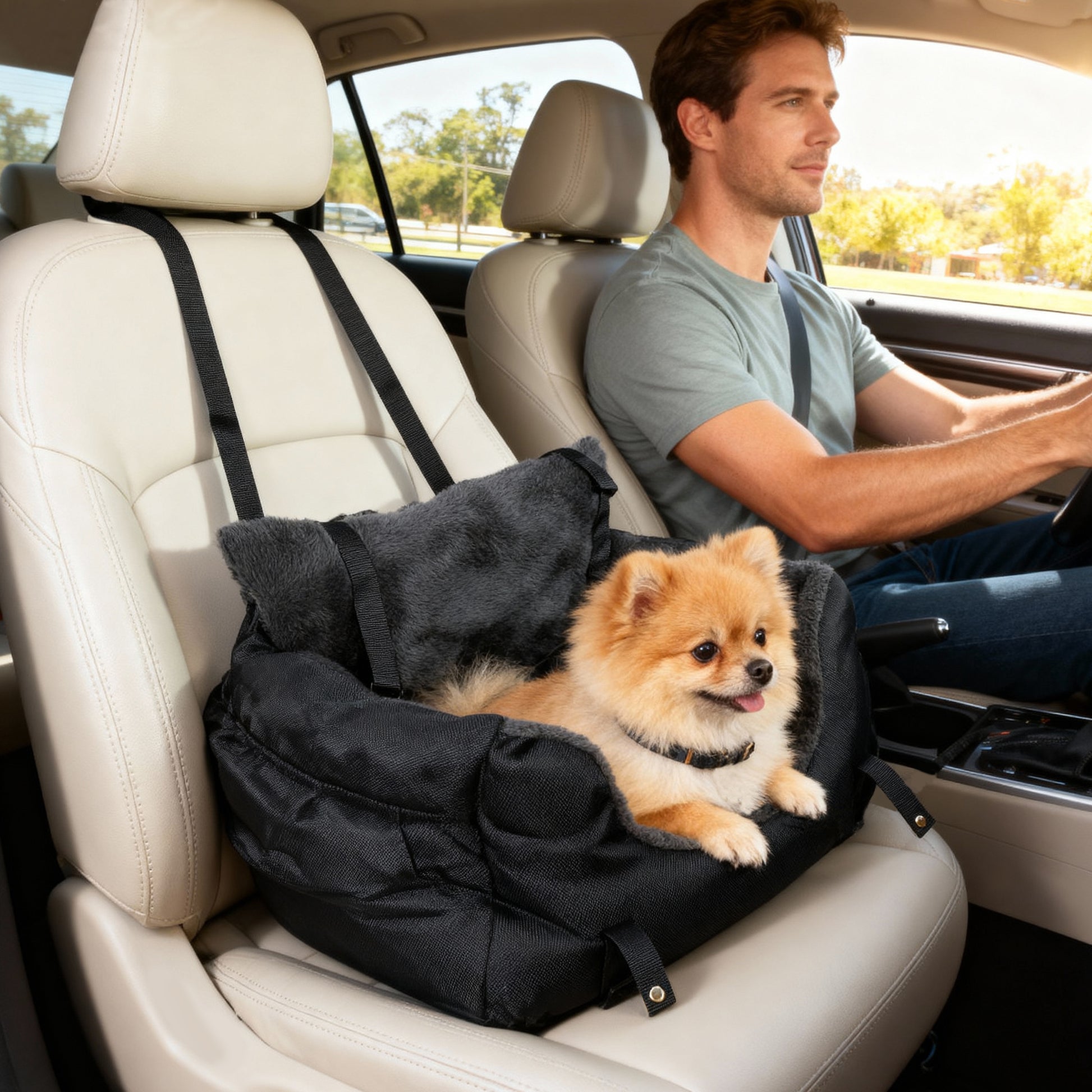 PawHut Dog Car Seat for Small Dogs with Fixed Buckle, Safety Leash, Washable Cover, 58 x 45 x 28 cm, Black