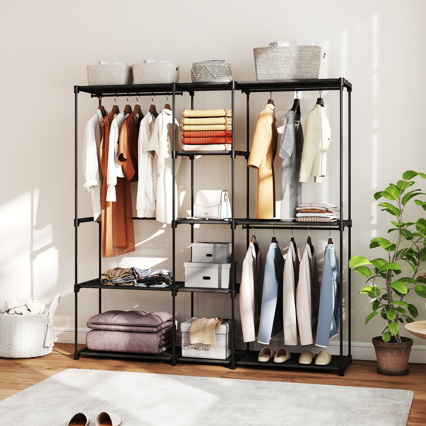 HOMCOM Portable Wardrobe, Open Clothes Wardrobe with 8 Shelves, 3 Hanging Rails, Black