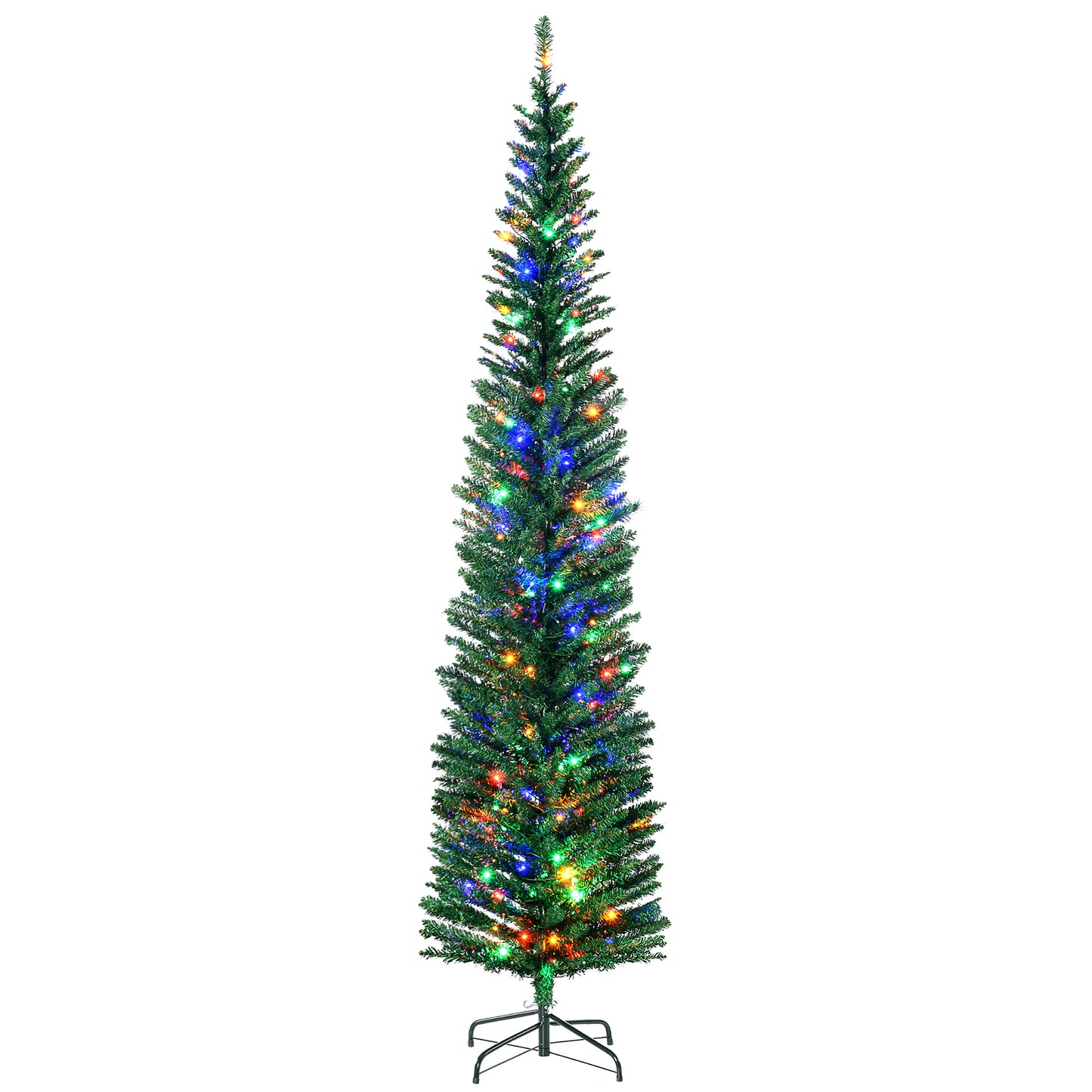 HOMCOM 7.5' Artificial Prelit Christmas Trees Holiday DÃ©cor with Colourful LED Lights, Pencil Shape, Steel Base