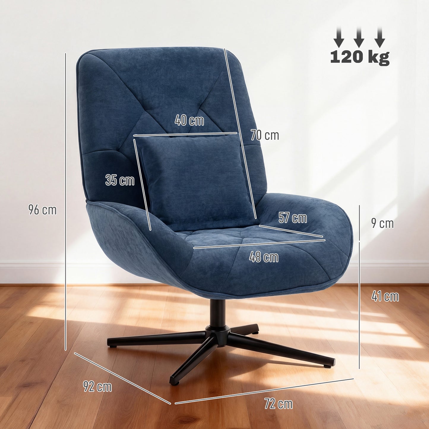 HOMCOM Accent Chair, Chenille Upholstered Swivel Armchair with Lumbar Pillow, High Back, Deep Seat and Metal Legs, Dark Blue