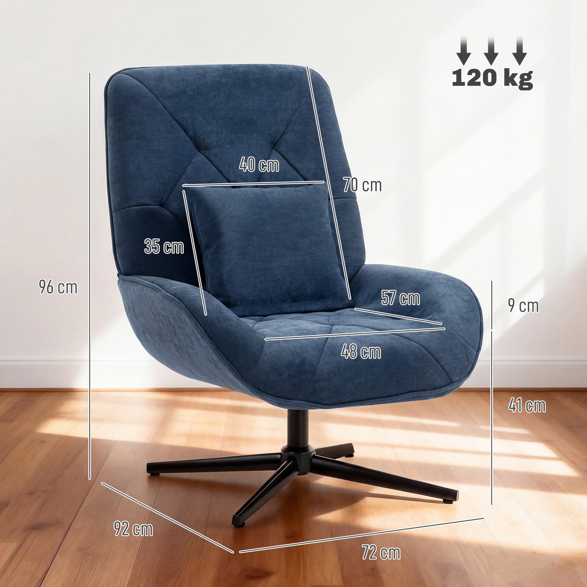 HOMCOM Accent Chair, Chenille Upholstered Swivel Armchair with Lumbar Pillow, High Back, Deep Seat and Metal Legs, Dark Blue