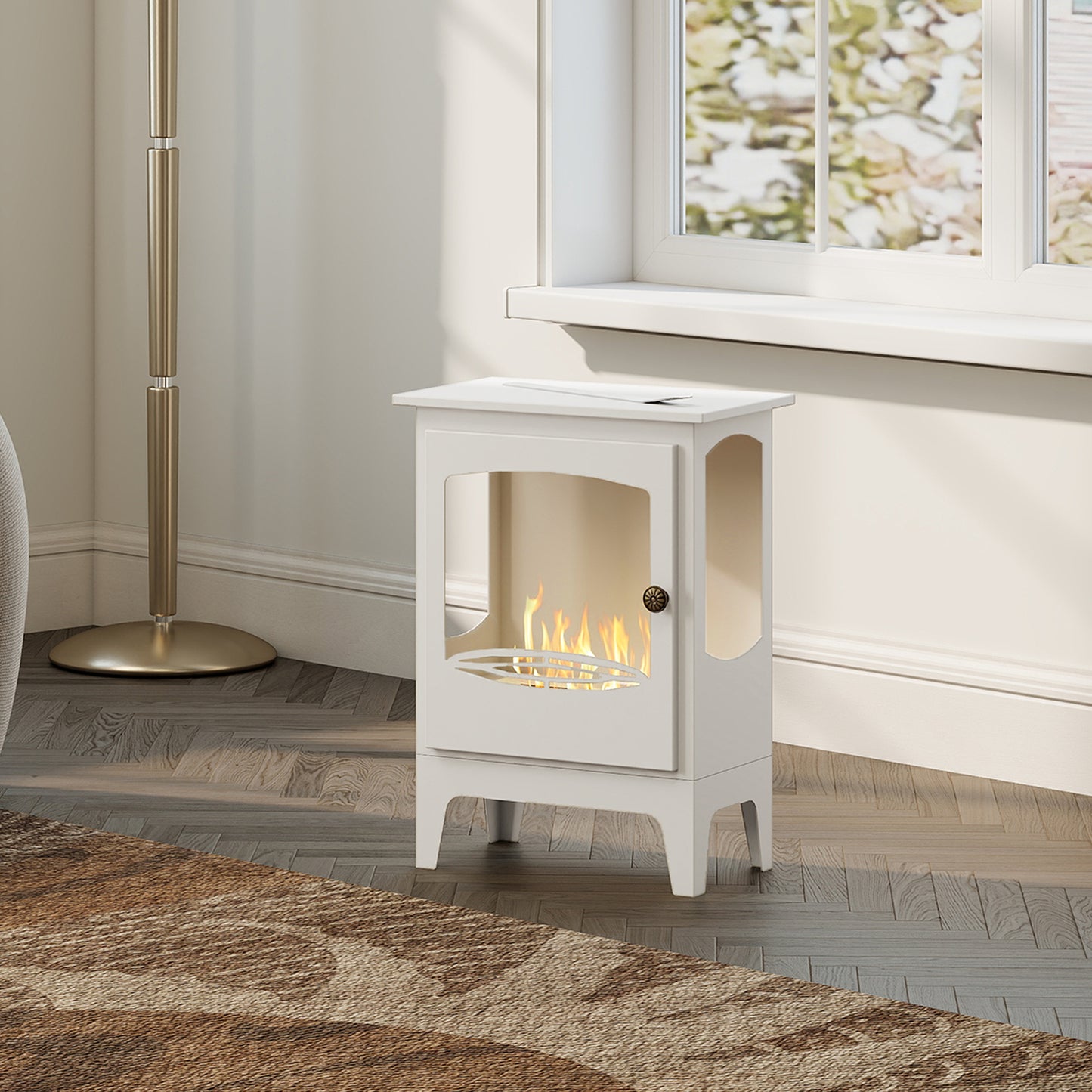 HOMCOM Freestanding Ethanol Fireplace, Steel Bioethanol Fireplace with Stainless Steel Flame Snuffer, 0.9L Tank, 3 Hours Burning Time for Indoor, White
