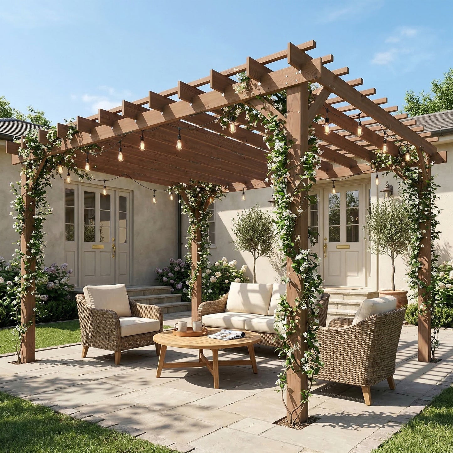 Outsunny 3.6 x 3 m Wooden Pergola Kit, Garden Pergola Gazebo Grape Trellis with Triangle Supports, Maple Wood-effect