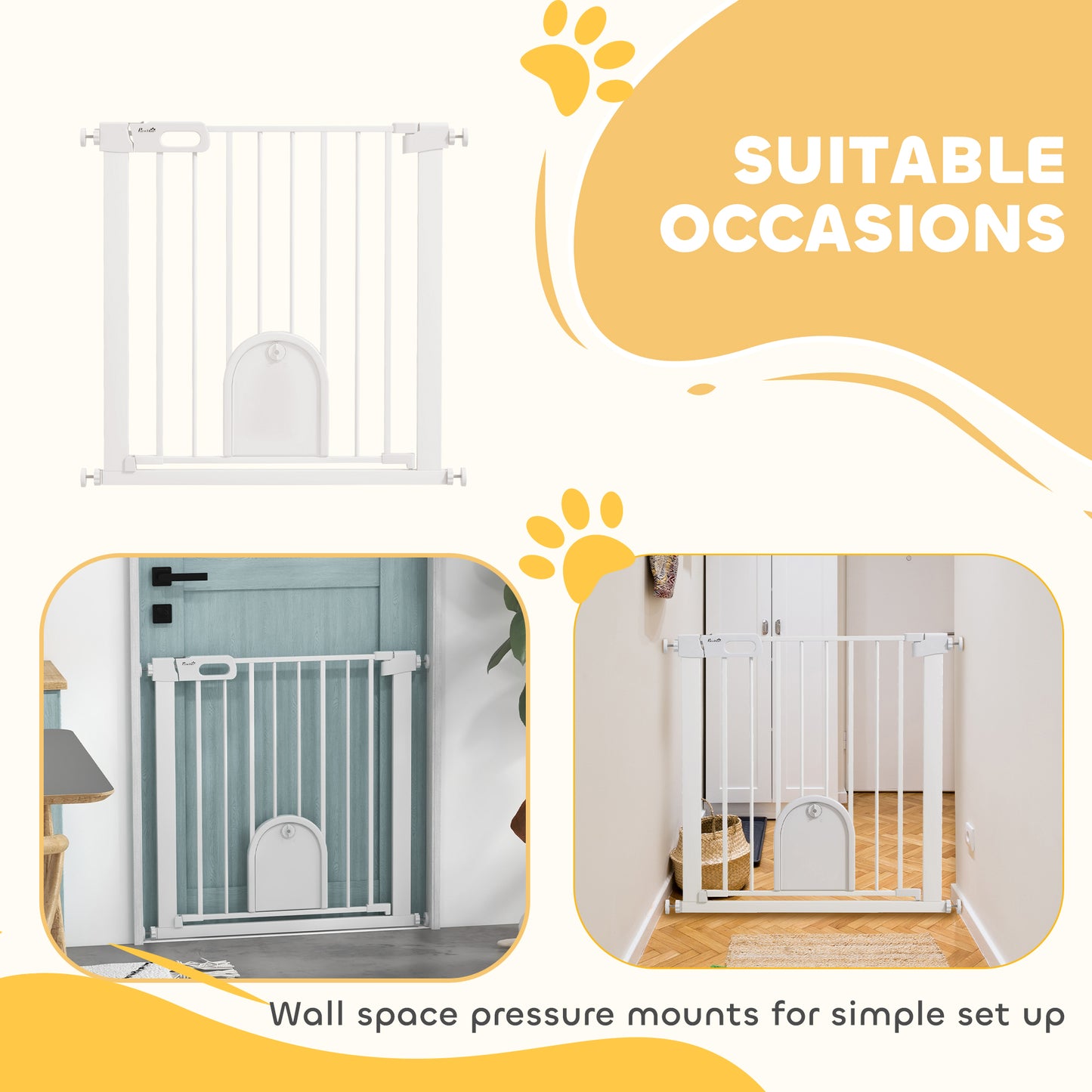 PawHut 75-82cm Pet Safet Gaye, Pressure Fit Stair, with Cat Flap, Double Locking, White
