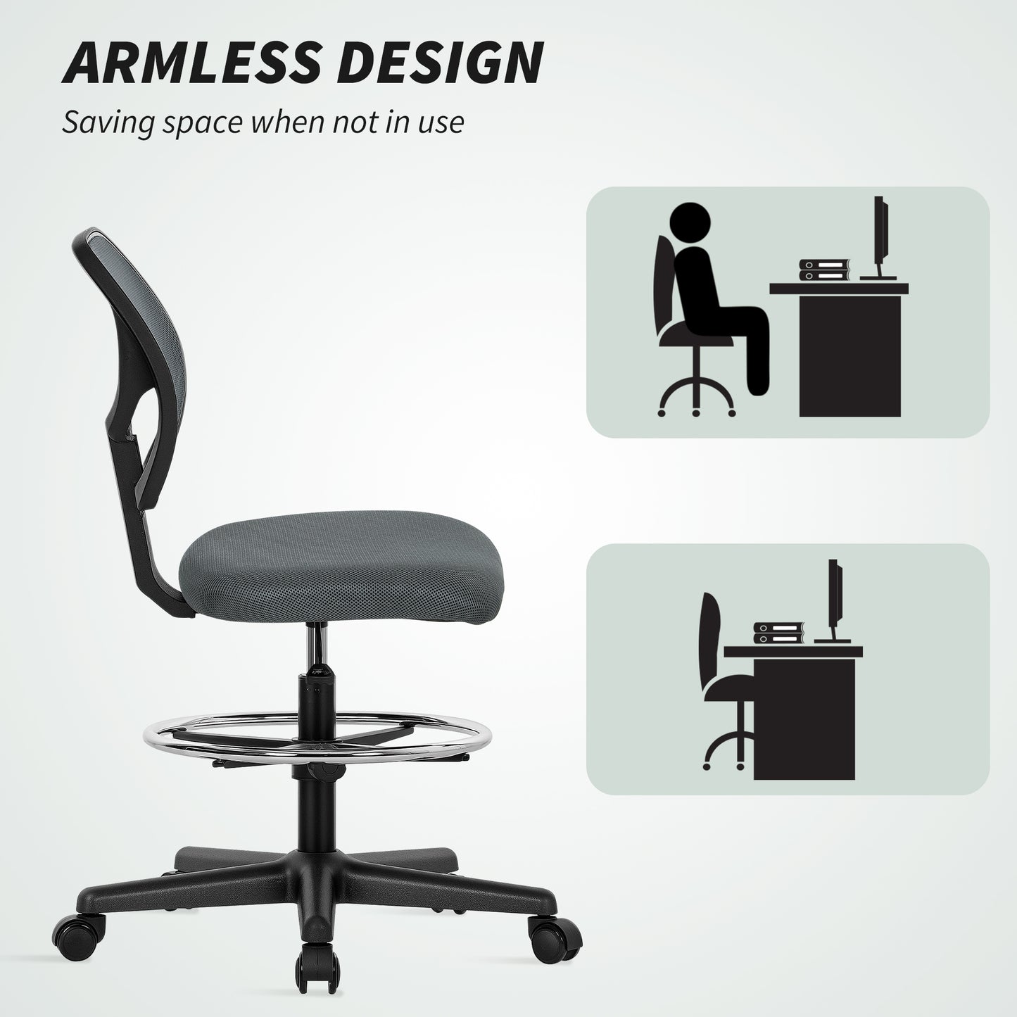 Vinsetto Ergonomic Mesh Standing Desk Chair with Adjustable Footrest Ring and Seat Height Charcoal Grey