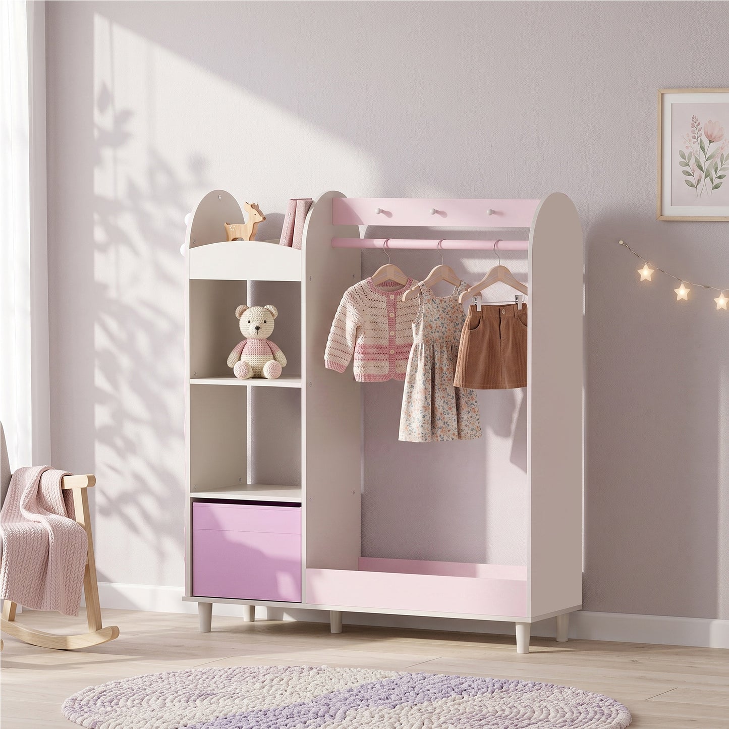 AIYAPLAY Kids Clothing Rack, Kids Wardrobe with Glowing Lights Mirror, Non-Woven Drawer and Shelves for Bedroom, Ages 3-8, Pink