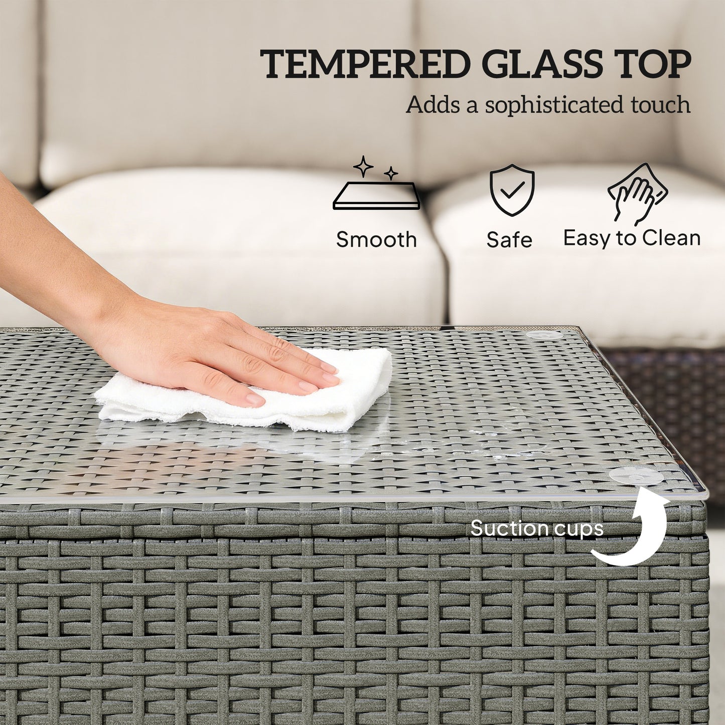 Outsunny Rattan Garden Coffee Table with Glass Top, Light Grey