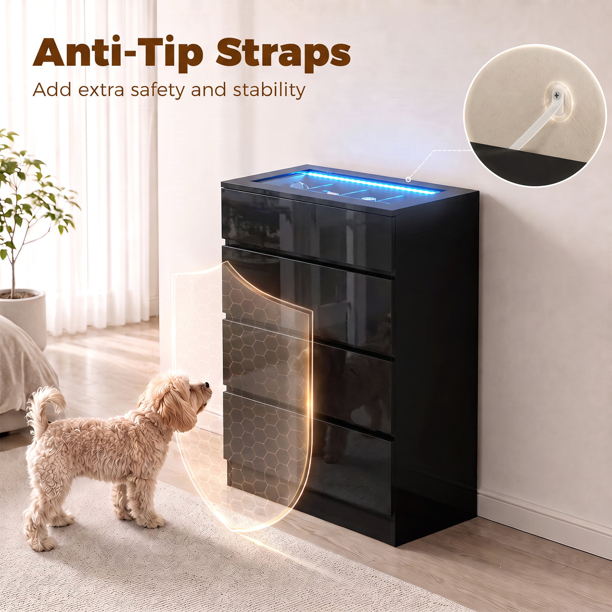 HOMCOM High Gloss 4 Drawer Chest of Drawers with Glass Top and RGB LED Lights, Dresser w/ Jewelry Organizer, APP Control, Black