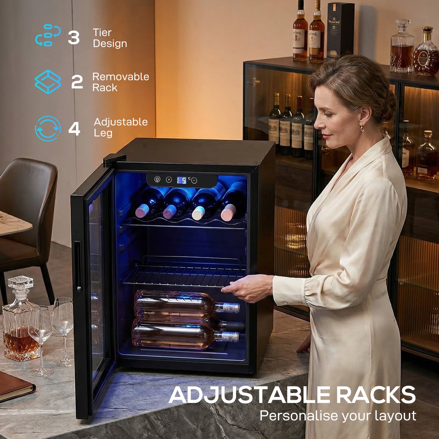 HOMCOM 16 Bottle Wine Cooler, 48 Litre Capacity, 4-16Â°C Under Counter Drinks Beer Wine Fridge with Glass Door, LED Light, Black