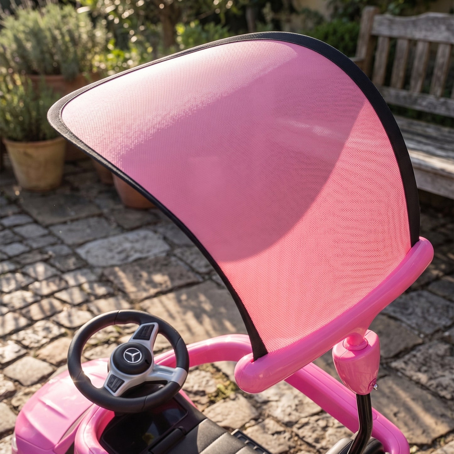 AIYAPLAY 3 in 1 Licensed Benz Ride on Push Car with Handle, Canopy, Guardrails, Horn, Music, Storage for 12-36 Months, Pink