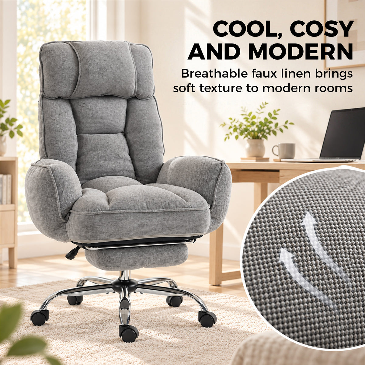 HOMCOM Executive Office Chair Height Adjustable Desk Chair Reclining Flip-up Armrest Footrest, Grey