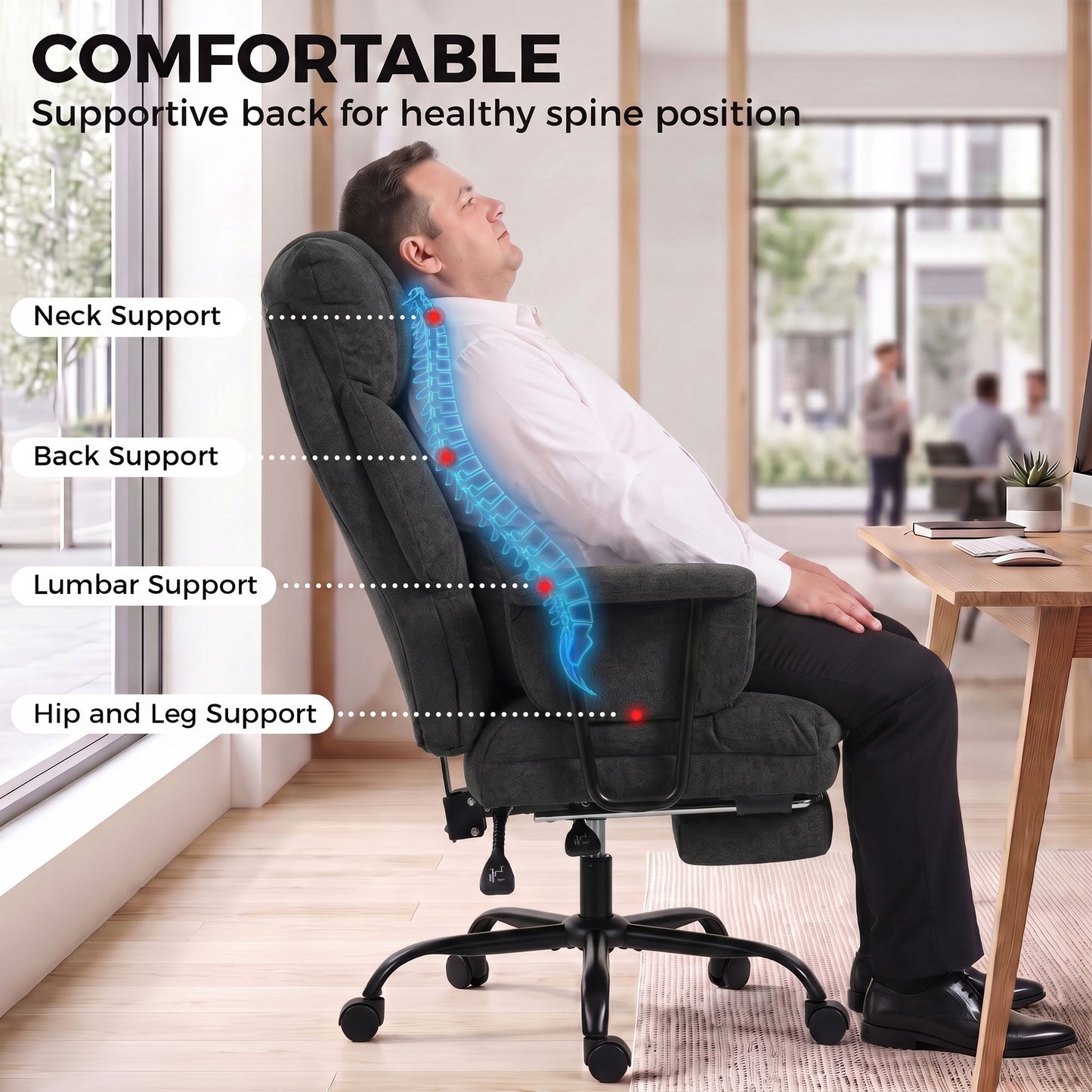 HOMCOM Office Chair, 180kg Heavy Duty Linen Computer Desk Chair with Lumbar Support, Wide Seat, Spring Cushion, Black