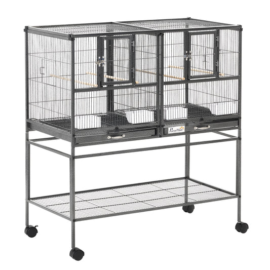 PawHut Large Bird Cage Parrot Cage with Divider, Slide Tray for Finch Canaries Parakeets Cockatiels, 95 x 45.5 x 102 cm