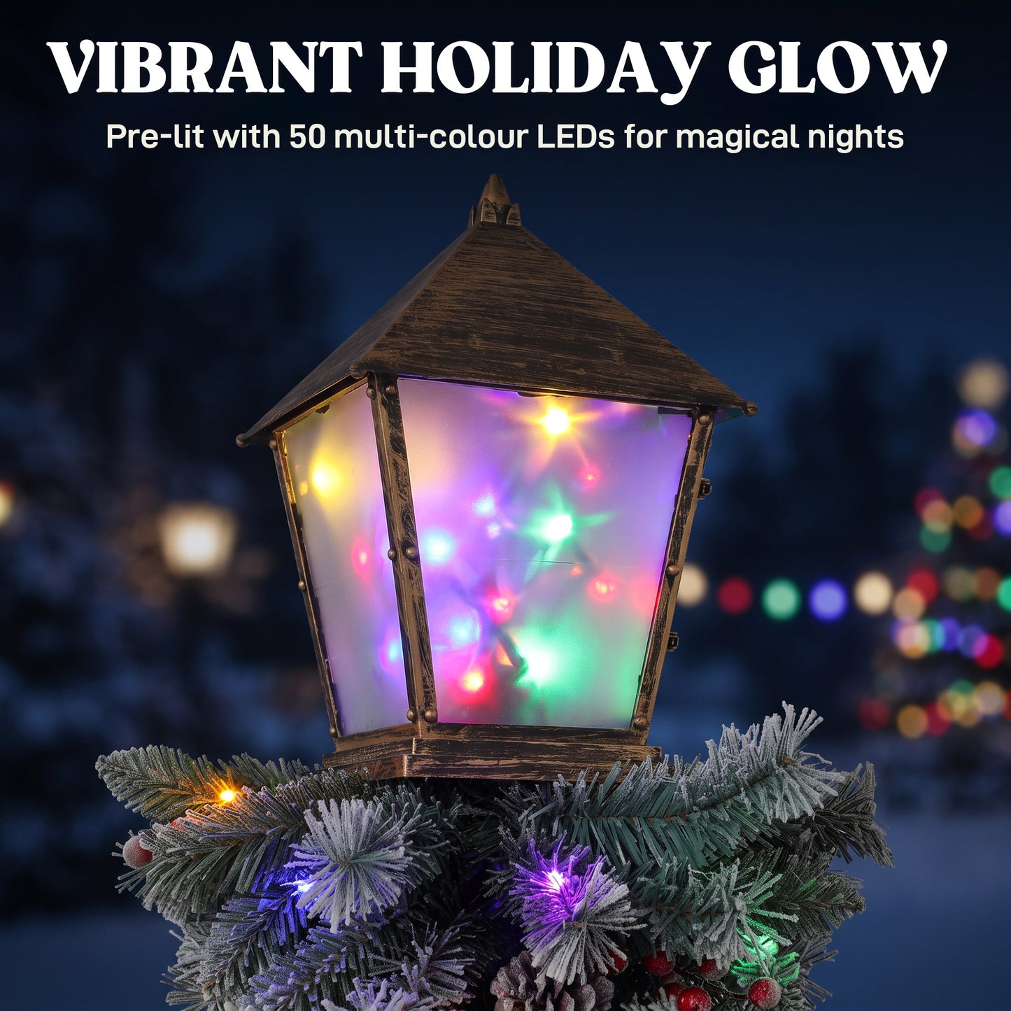 Outsunny Christmas Street Lamp, Outdoor Lighted Christmas Lamp Post with LED Lights, Snow Flocked Tips, Red Berries, Pine Cones