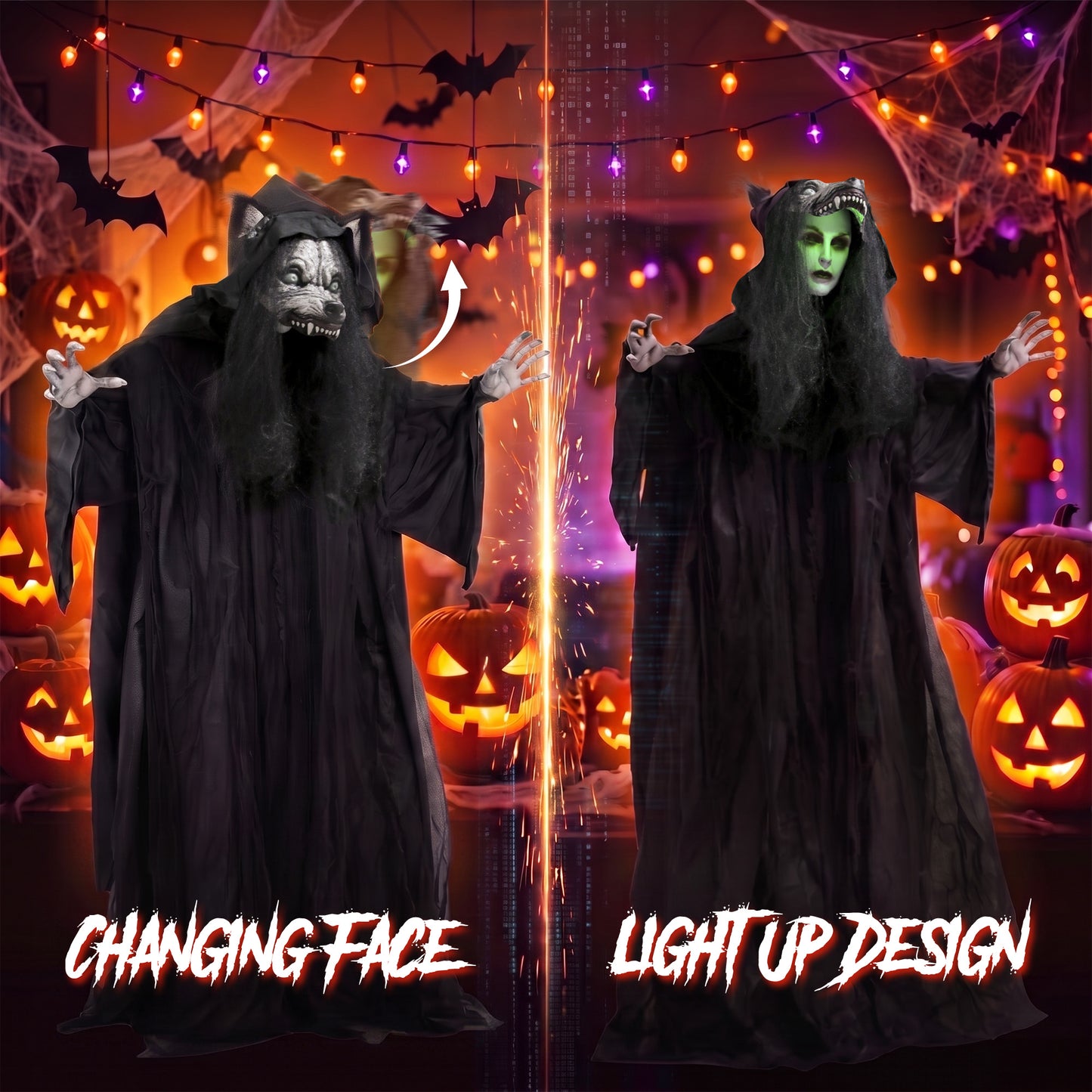 HOMCOM 67"/170cm Life Size Animated Ghost with Werewolf Mask, Halloween Decorations Outdoor Indoor, Scary Halloween Animatronic